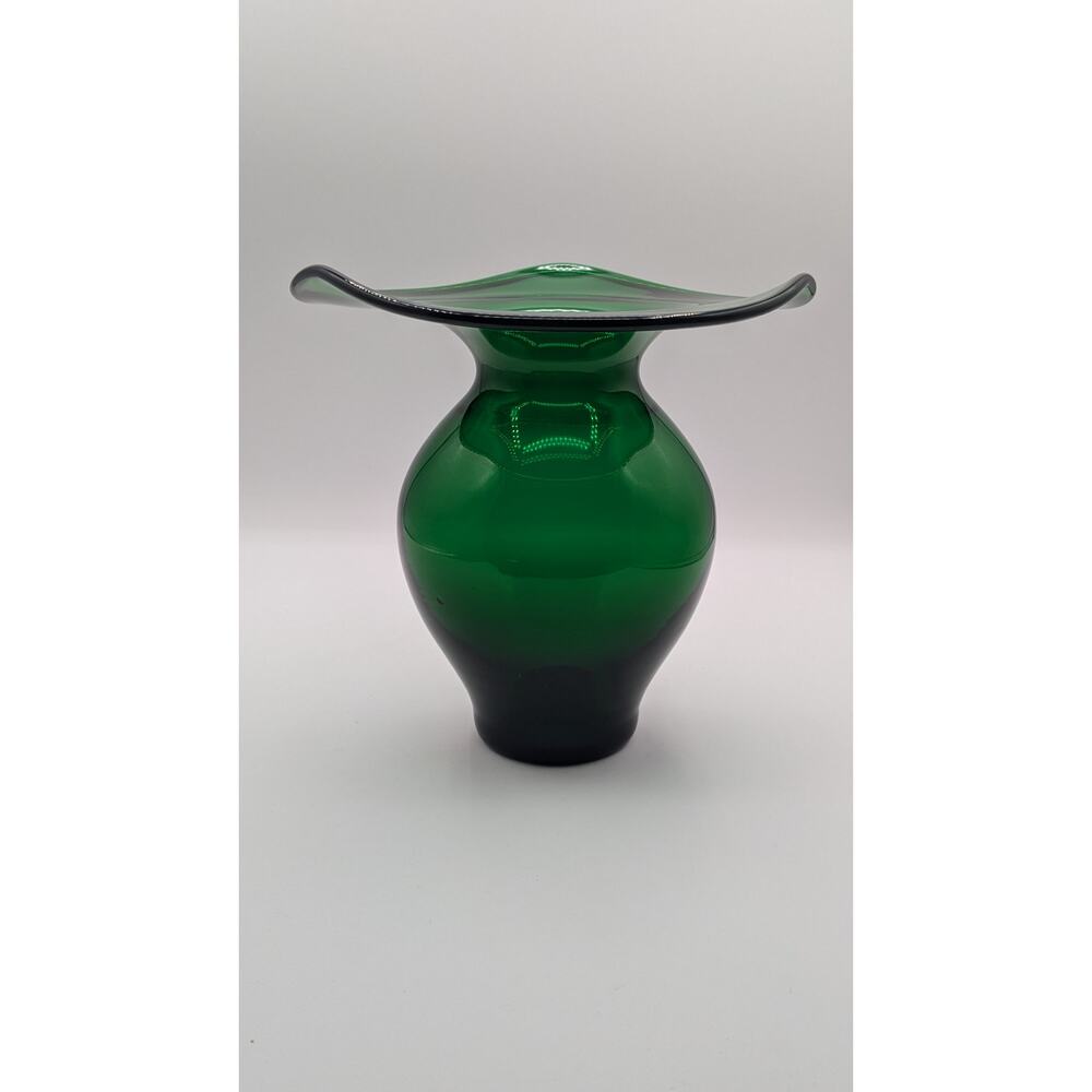 Vintage Wide Rim Green Glass Blown Vase.  7" tall